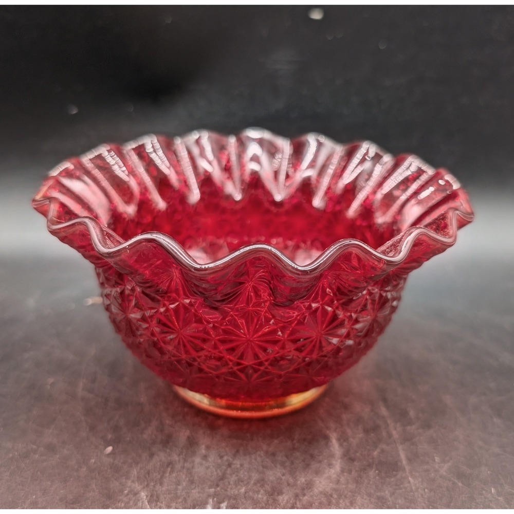 Vintage Ruby Red Daisy and Button Glass Bowl Ruffled Rim UV Reactive Base